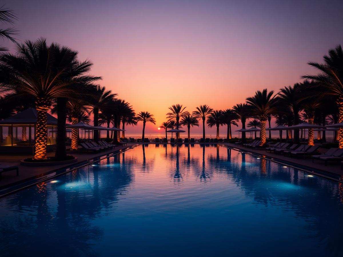 Luxury Dubai beach club pool at sunset